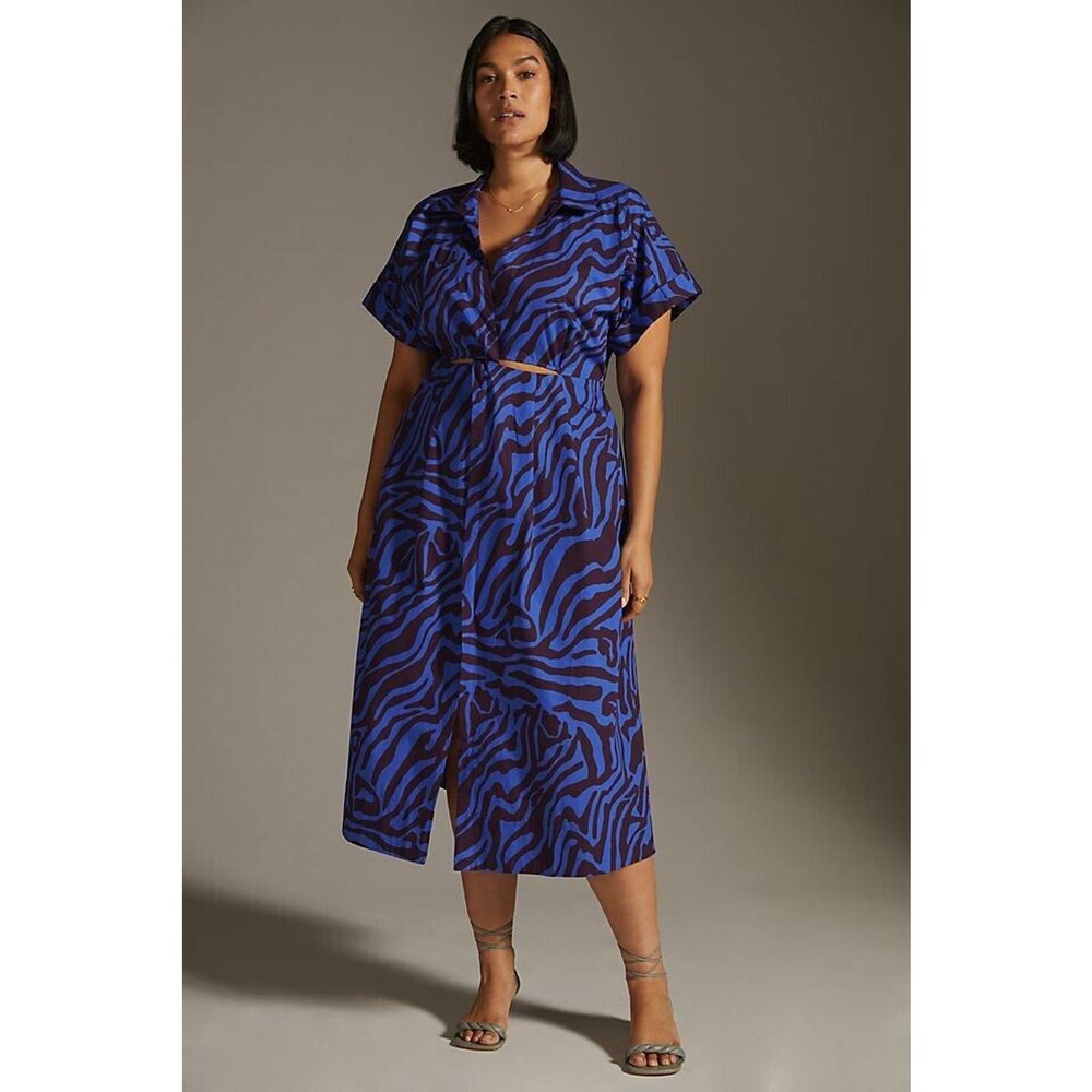 Anthropologie Blue and Black Zebra-Print Midi Dress